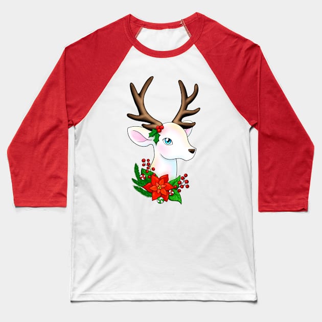 White Christmas Reindeer with Brown Antlers Baseball T-Shirt by Lady Lilac